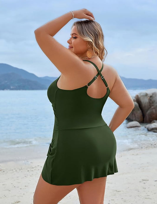 Plus Size Tummy Control One-Piece Swim Dress Bathing Suit with Built-in Bottom