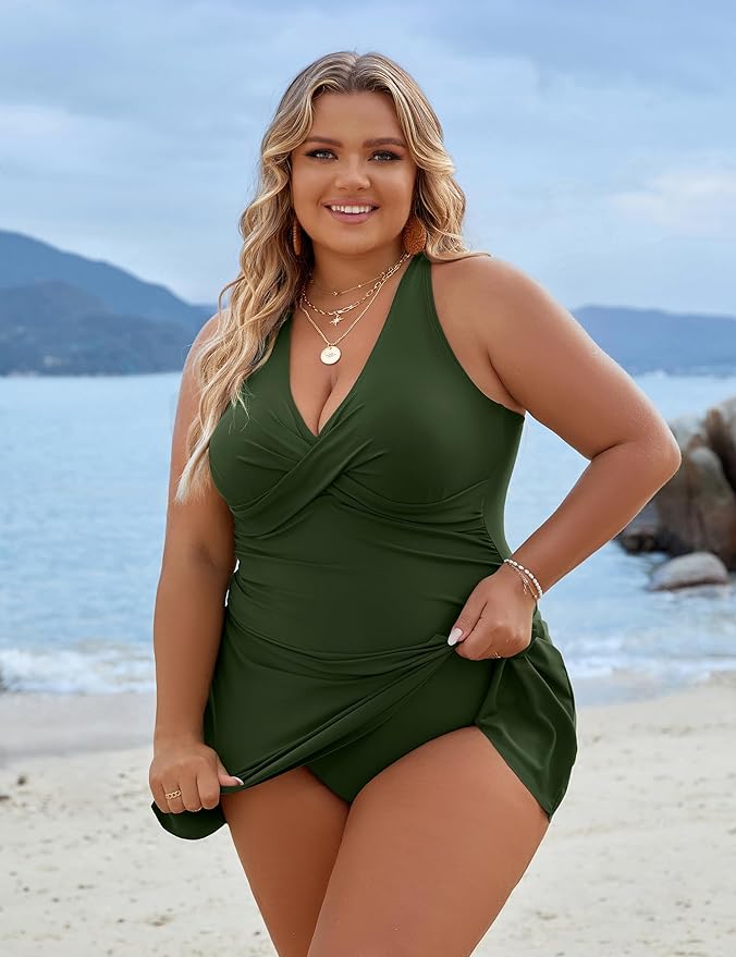 Plus Size Tummy Control One-Piece Swim Dress Bathing Suit with Built-in Bottom