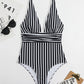 SheCurve Striped Deep Plunge Ruched One-Piece Summer Swimsuit for Women