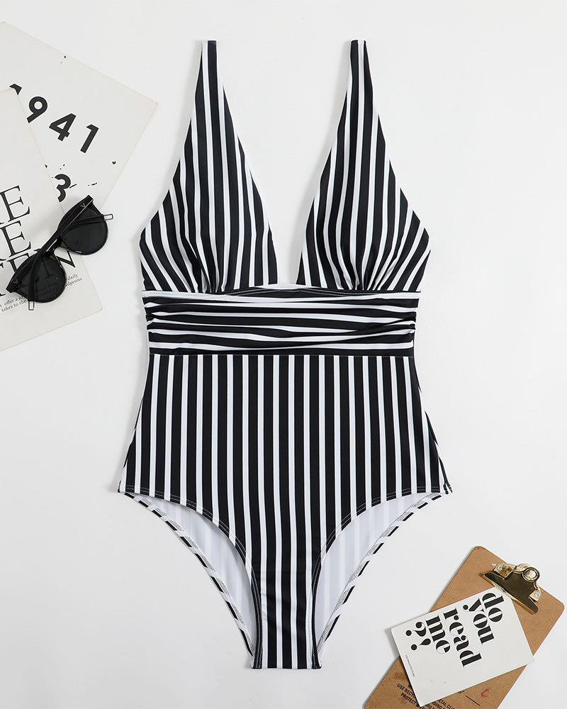 SheCurve Striped Deep Plunge Ruched One-Piece Summer Swimsuit for Women