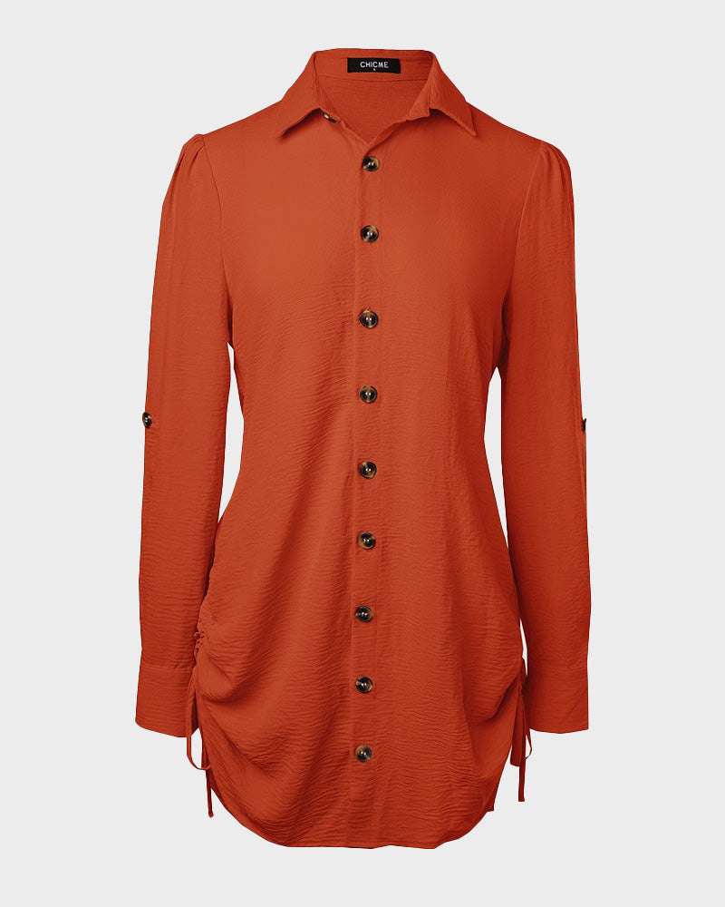 Chic SheCurve Long Sleeve Button-Down Drawstring Shirt Dress – Adjustable Hem, Comfortable