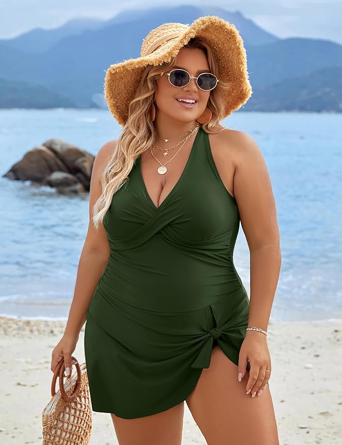 Plus Size Tummy Control One-Piece Swim Dress Bathing Suit with Built-in Bottom