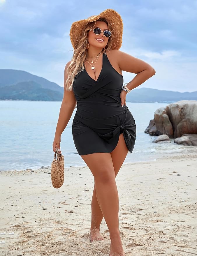 Plus Size Tummy Control One-Piece Swim Dress Bathing Suit with Built-in Bottom