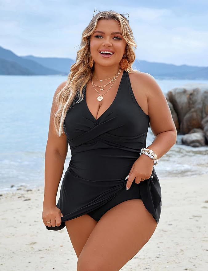 Plus Size Tummy Control One-Piece Swim Dress Bathing Suit with Built-in Bottom