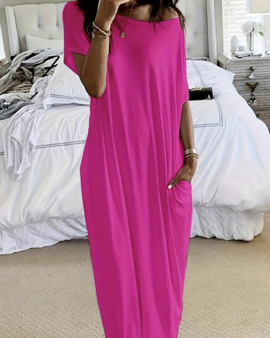 Women's Relaxed Off-Shoulder Batwing Sleeve Maxi Lounge Dress - Soft & Chic
