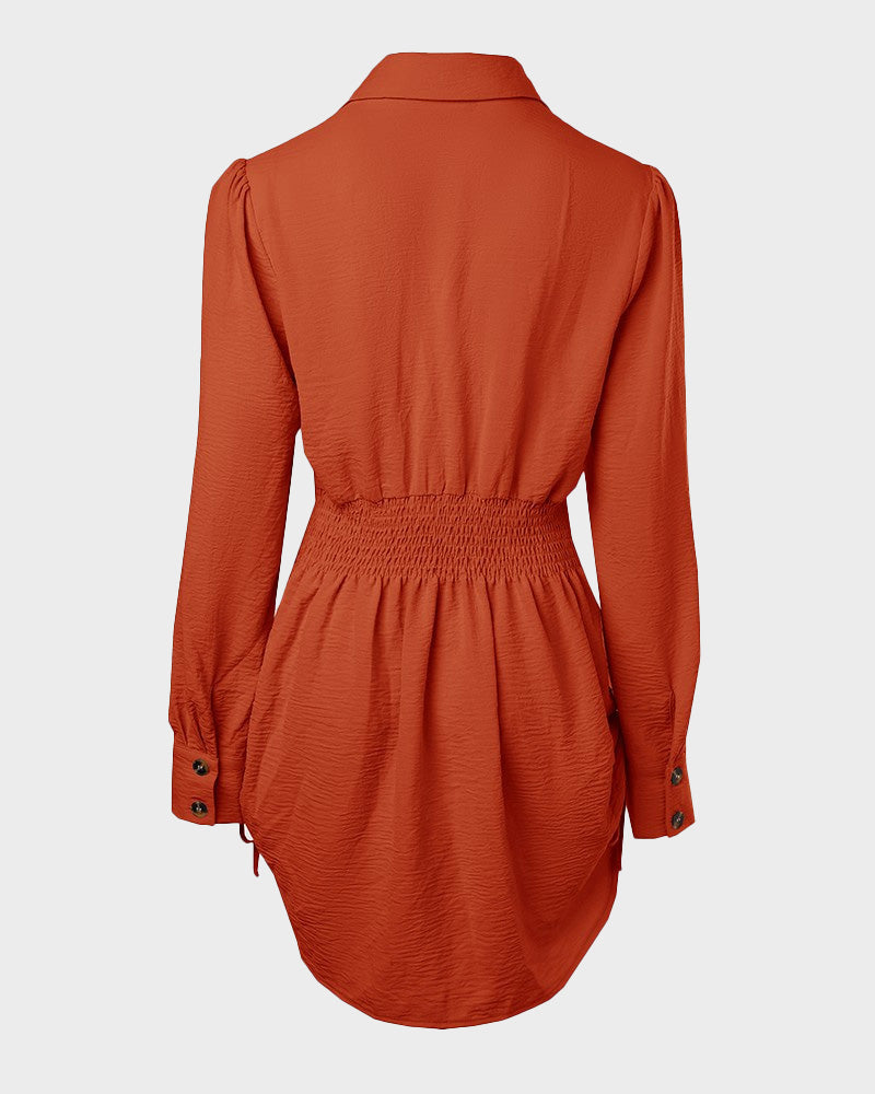 Chic SheCurve Long Sleeve Button-Down Drawstring Shirt Dress – Adjustable Hem, Comfortable