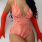 SheCurve Striped Deep Plunge Ruched One-Piece Summer Swimsuit for Women