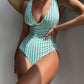 SheCurve Striped Deep Plunge Ruched One-Piece Summer Swimsuit for Women