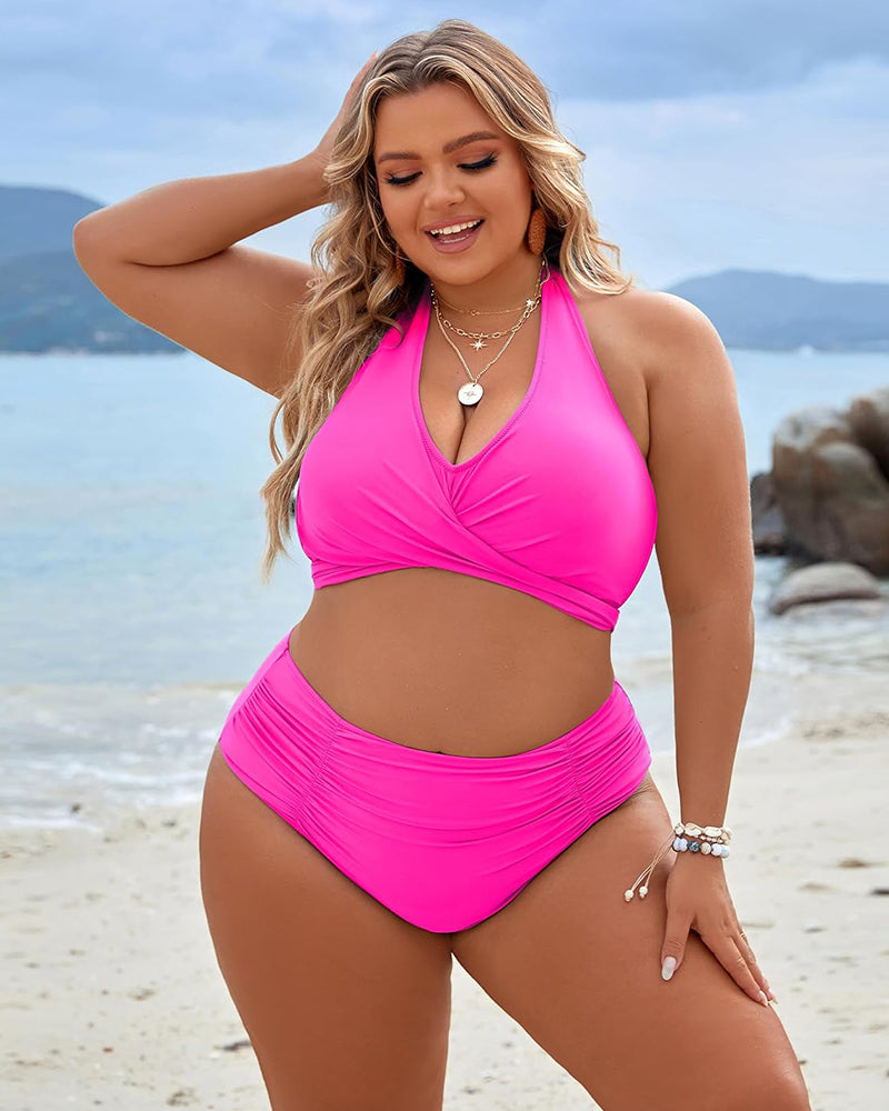 Women's Modest Tummy Control High Waisted Halter Bikini Swimsuit Set