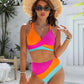 Trendy Color-Block Crisscross Laced Bikini Set with Adjustable Back Ties