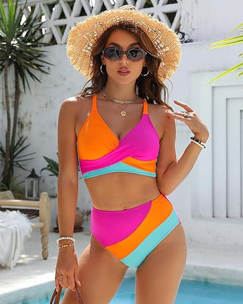 Trendy Color-Block Crisscross Laced Bikini Set with Adjustable Back Ties