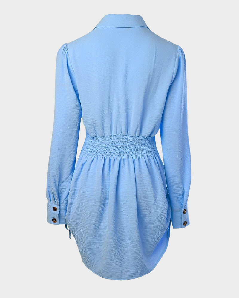 Chic SheCurve Long Sleeve Button-Down Drawstring Shirt Dress – Adjustable Hem, Comfortable