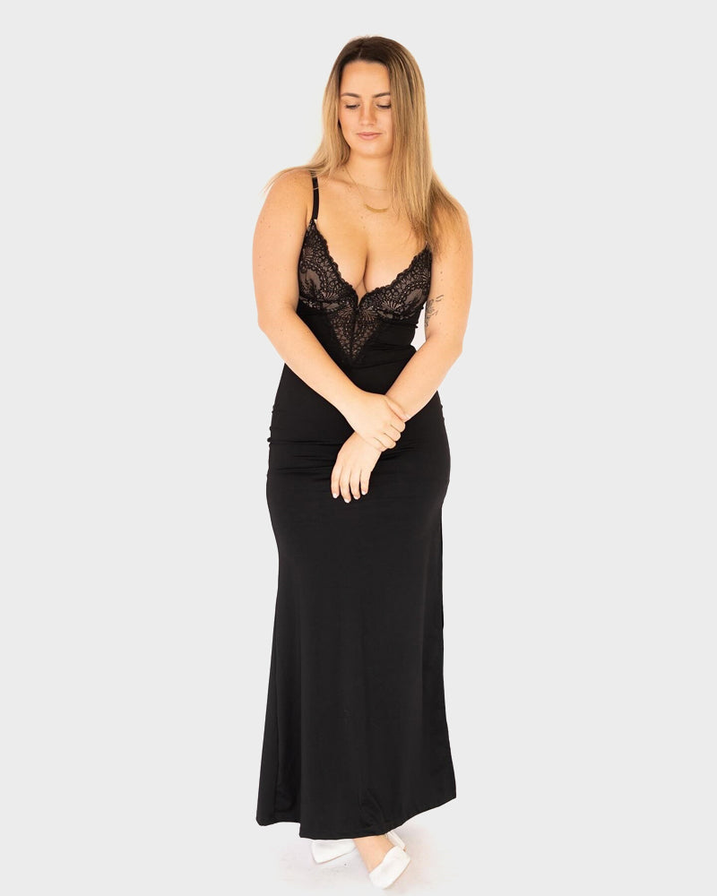Elegant Deep-V Lace Maxi Dress with High Slit & Built-In Shapewear