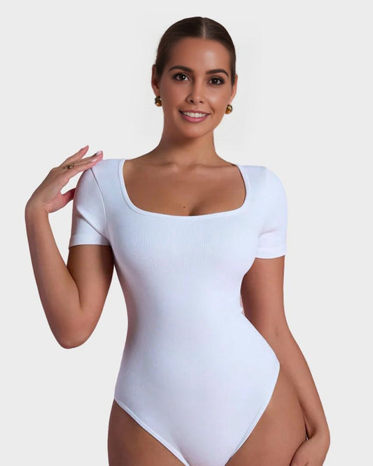 SheCurve® Seamless Square Neck Short Sleeve Snatching Bodysuit: Body-Hugging Shapewear