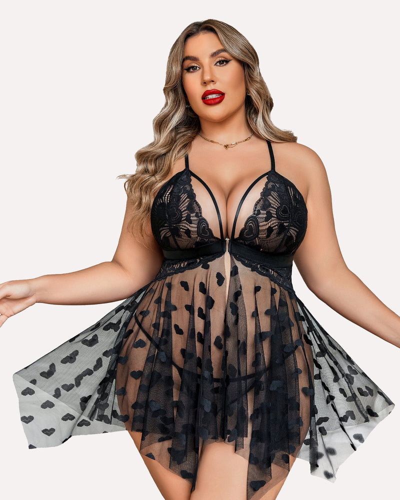 Luxurious Plus Size Lace Babydoll Nightdress with Elegant Front Slit