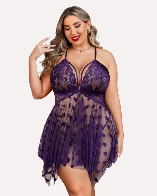 Luxurious Plus Size Lace Babydoll Nightdress with Elegant Front Slit
