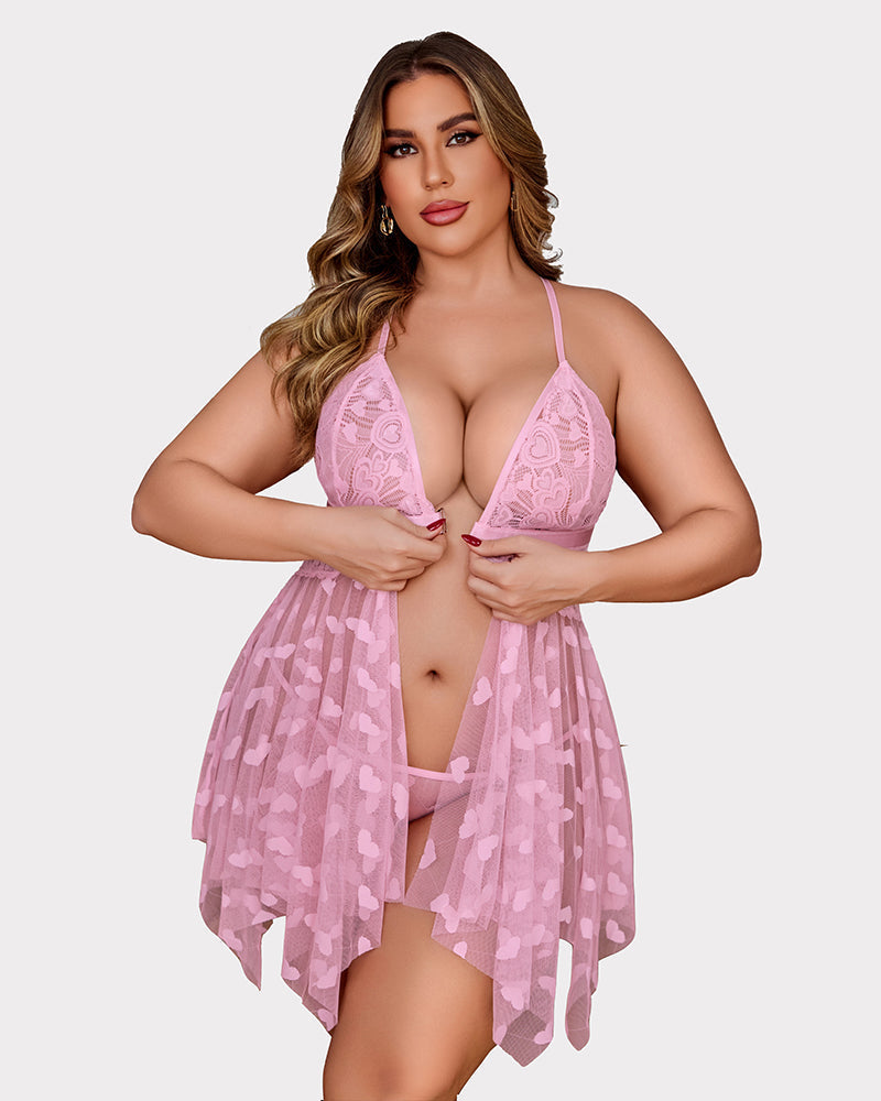 Luxurious Plus Size Lace Babydoll Nightdress with Elegant Front Slit