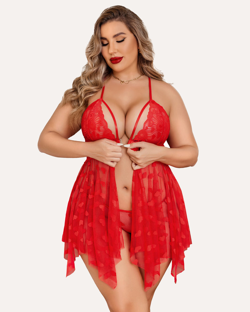 Luxurious Plus Size Lace Babydoll Nightdress with Elegant Front Slit