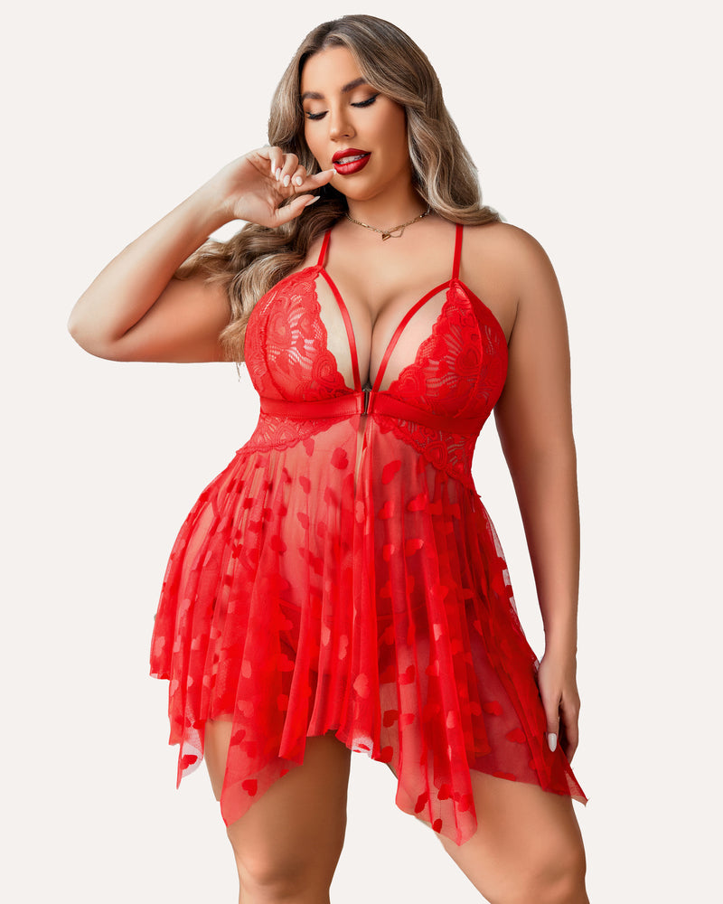 Luxurious Plus Size Lace Babydoll Nightdress with Elegant Front Slit