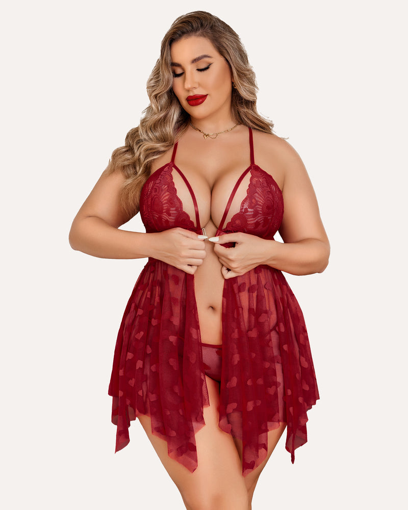 Luxurious Plus Size Lace Babydoll Nightdress with Elegant Front Slit