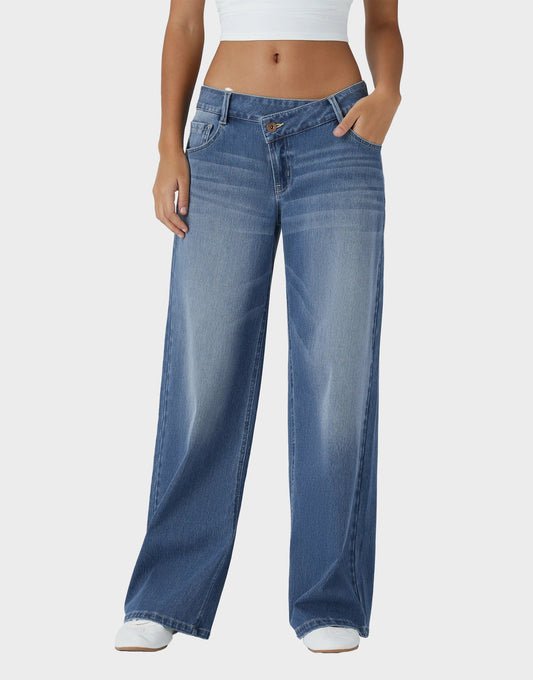 Trendy Asymmetric Low Rise Baggy Wide Leg Jeans - Comfortable Stretch Denim
