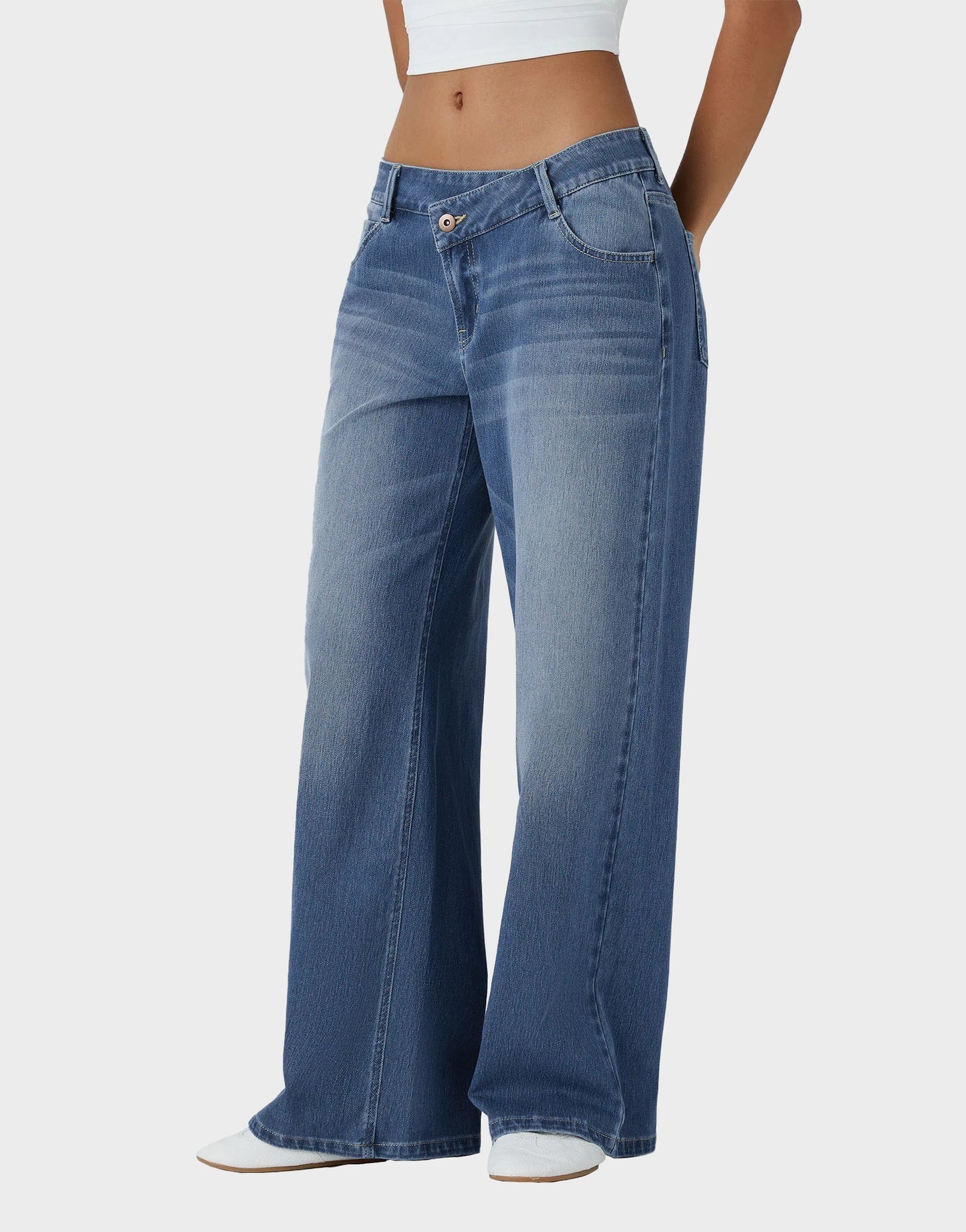 Trendy Asymmetric Low Rise Baggy Wide Leg Jeans - Comfortable Stretch Denim