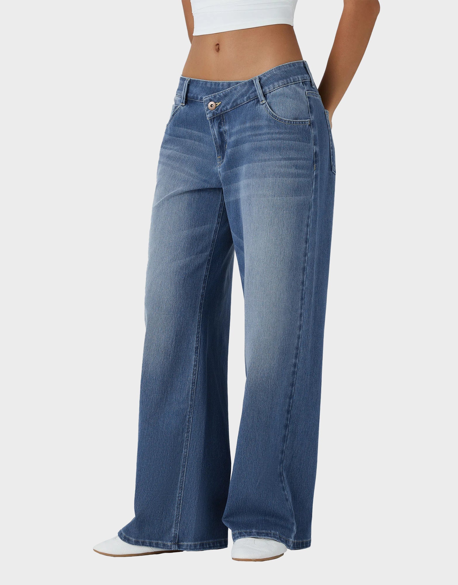 Trendy Asymmetric Low Rise Baggy Wide Leg Jeans - Comfortable Stretch Denim