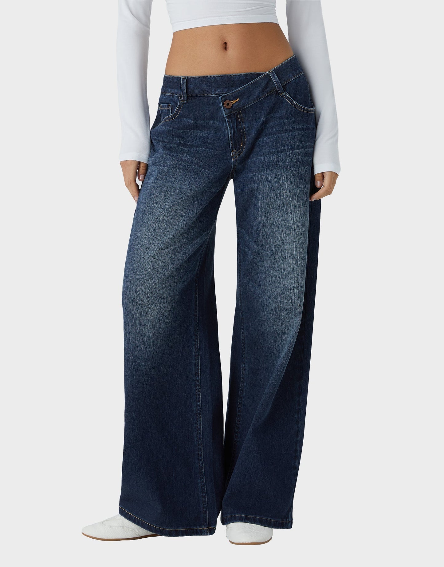 Trendy Asymmetric Low Rise Baggy Wide Leg Jeans - Comfortable Stretch Denim