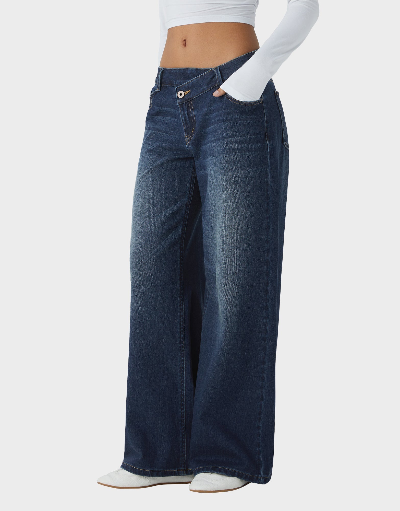 Trendy Asymmetric Low Rise Baggy Wide Leg Jeans - Comfortable Stretch Denim