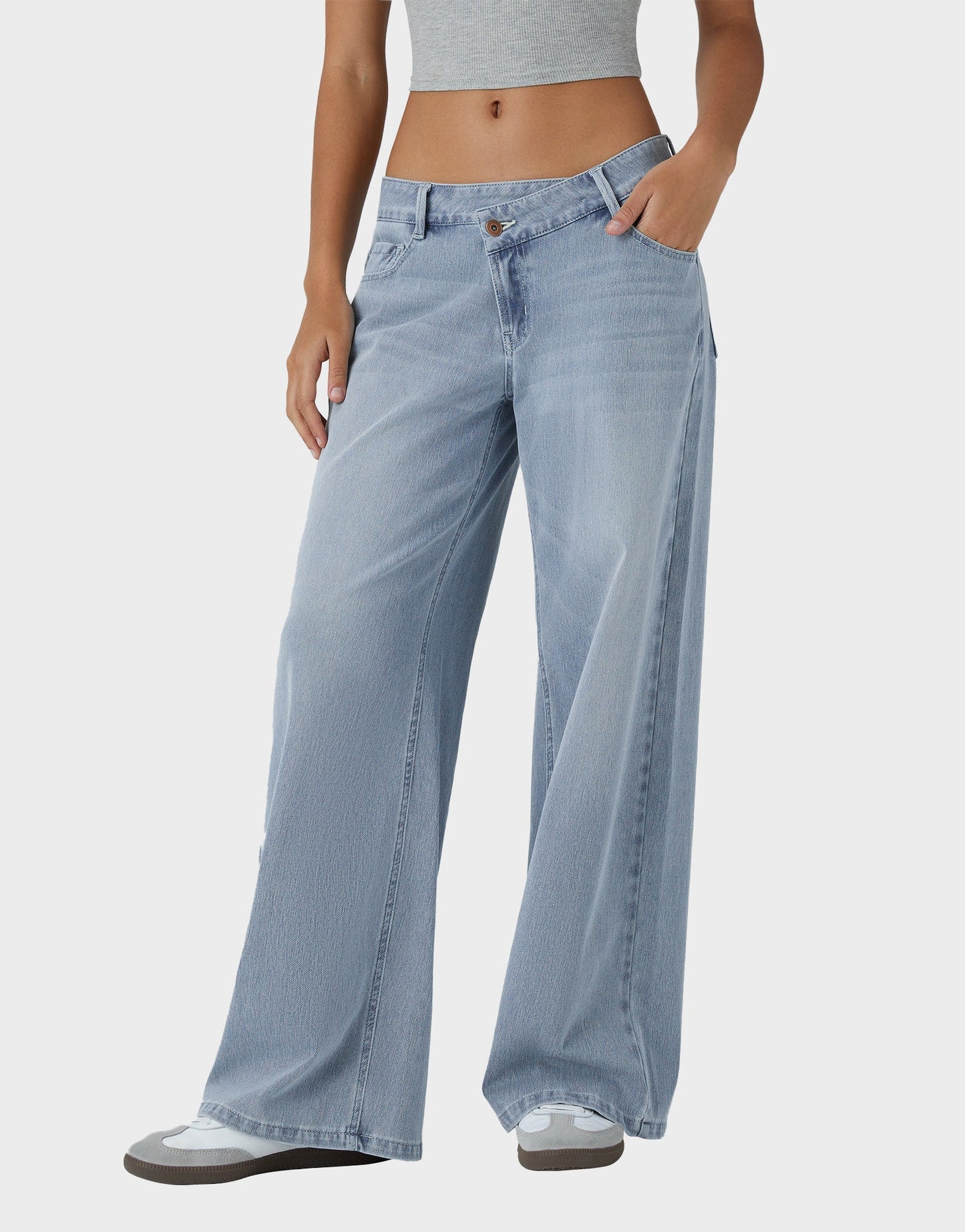 Trendy Asymmetric Low Rise Baggy Wide Leg Jeans - Comfortable Stretch Denim