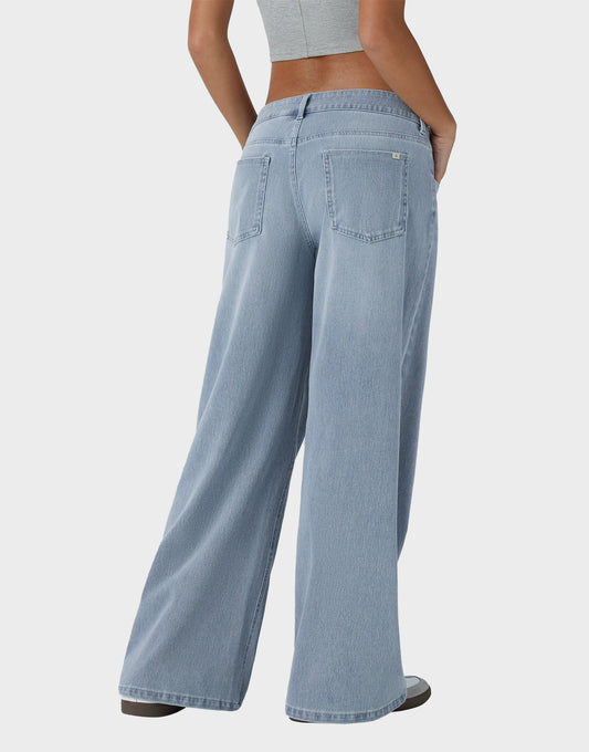 Trendy Asymmetric Low Rise Baggy Wide Leg Jeans - Comfortable Stretch Denim