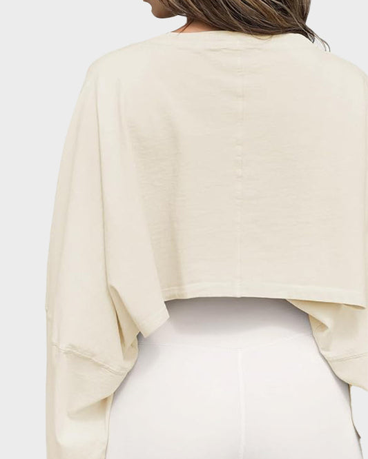 Stylish Cropped Long Sleeve Athletic Pullover with Relaxed Oversized Sleeves