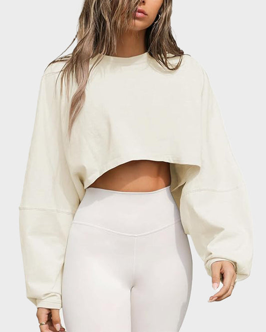 Stylish Cropped Long Sleeve Athletic Pullover with Relaxed Oversized Sleeves