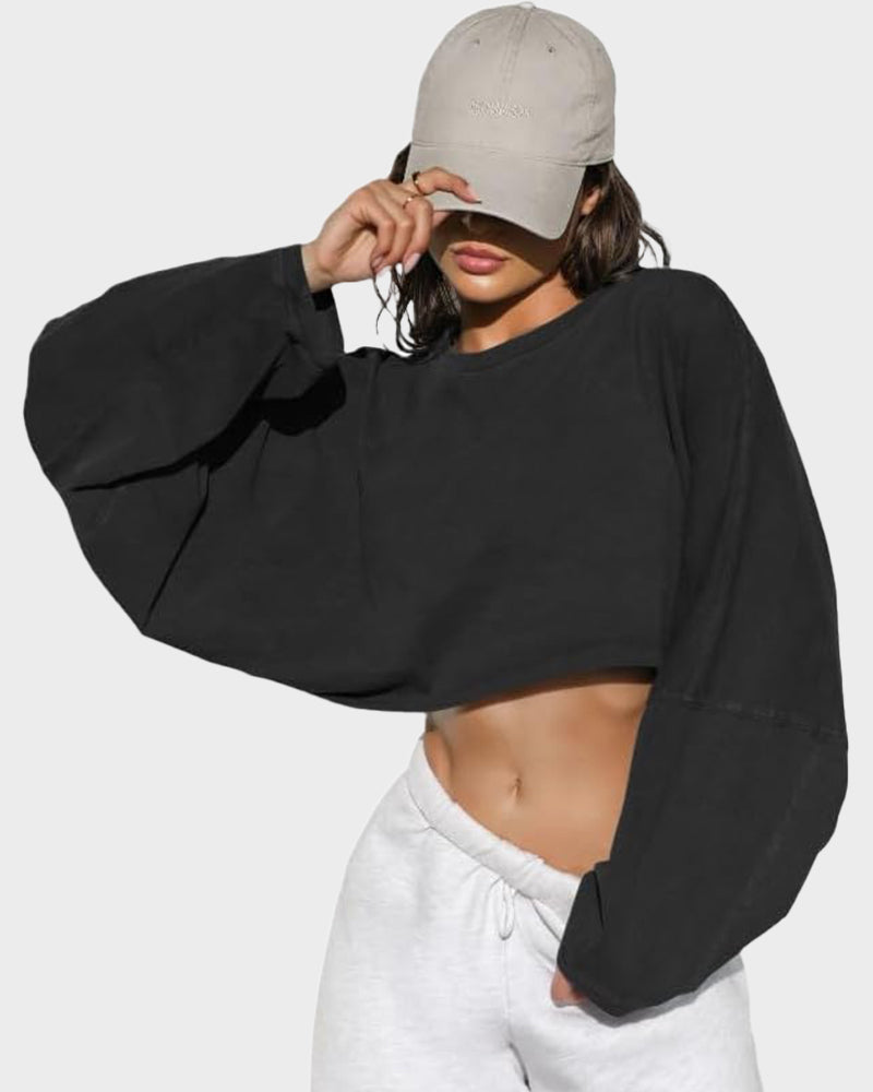 Stylish Cropped Long Sleeve Athletic Pullover with Relaxed Oversized Sleeves