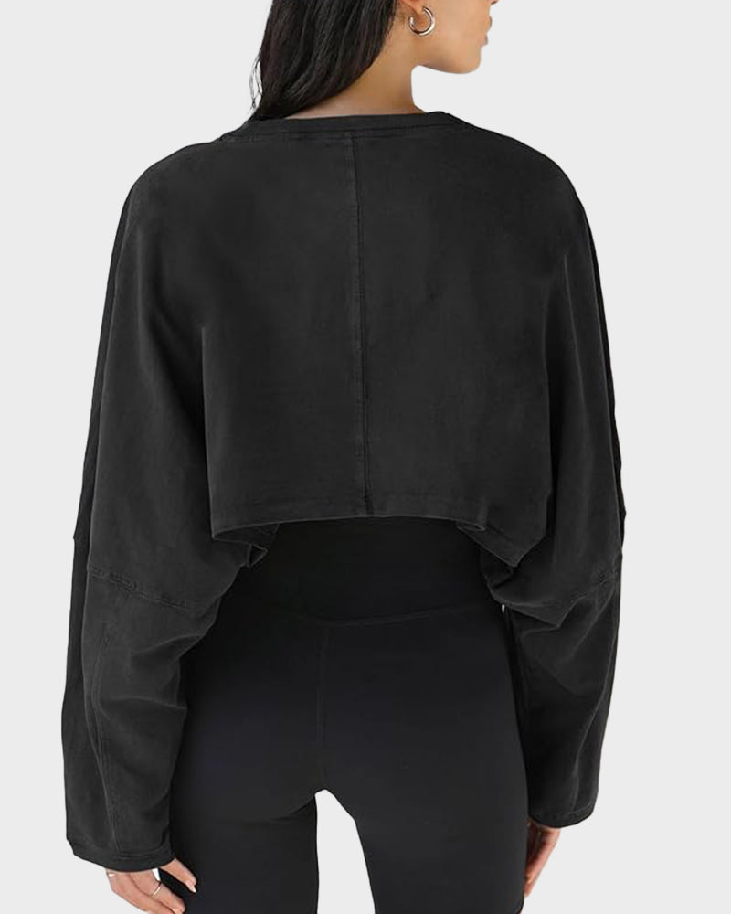 Stylish Cropped Long Sleeve Athletic Pullover with Relaxed Oversized Sleeves