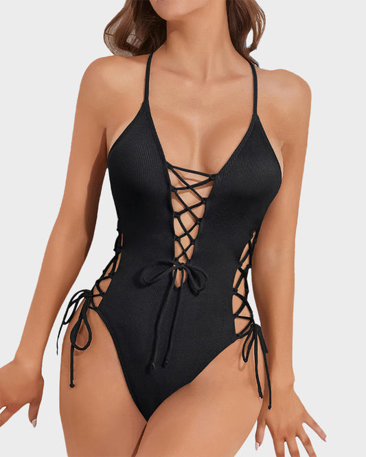 Deep Plunge V-Neck High Cut Lace-Up One-Piece Swimsuit for Women
