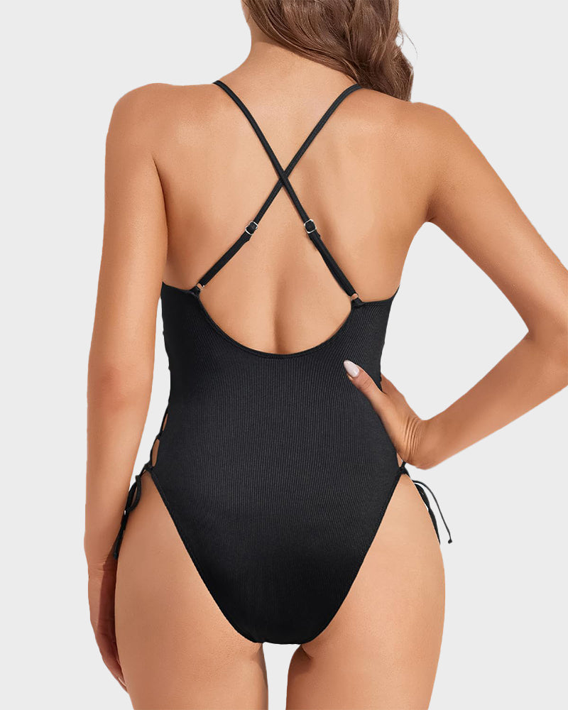 Deep Plunge V-Neck High Cut Lace-Up One-Piece Swimsuit for Women