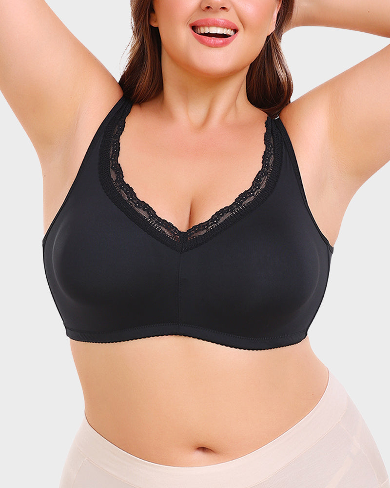 Comfortable Full Coverage Lace Trim Minimizer Bra - Everyday Wireless Support