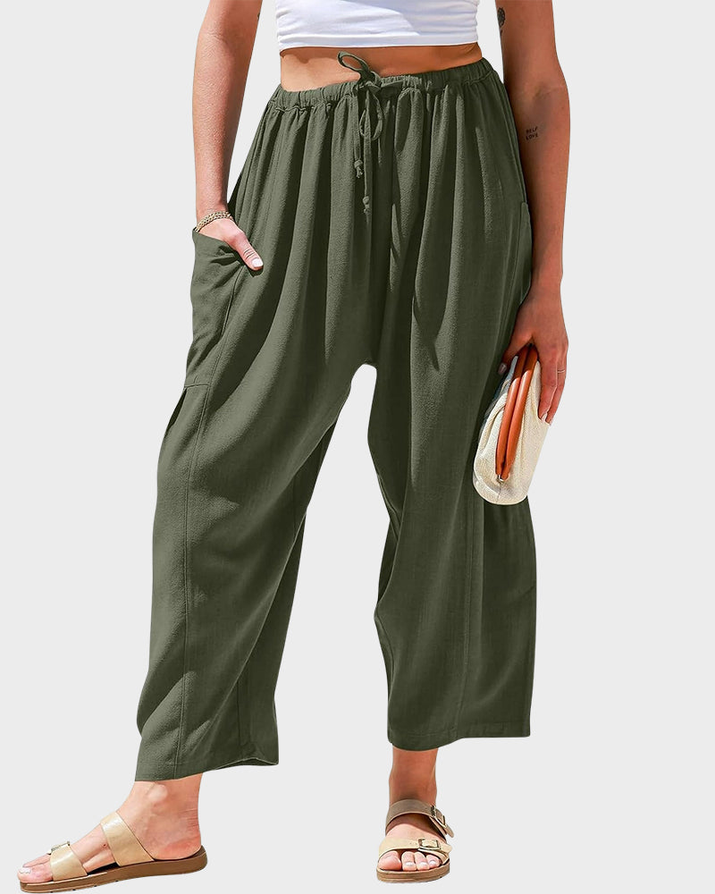 Breezy Loose Fit Linen Blend Wide-Leg Pants with Pockets for Women