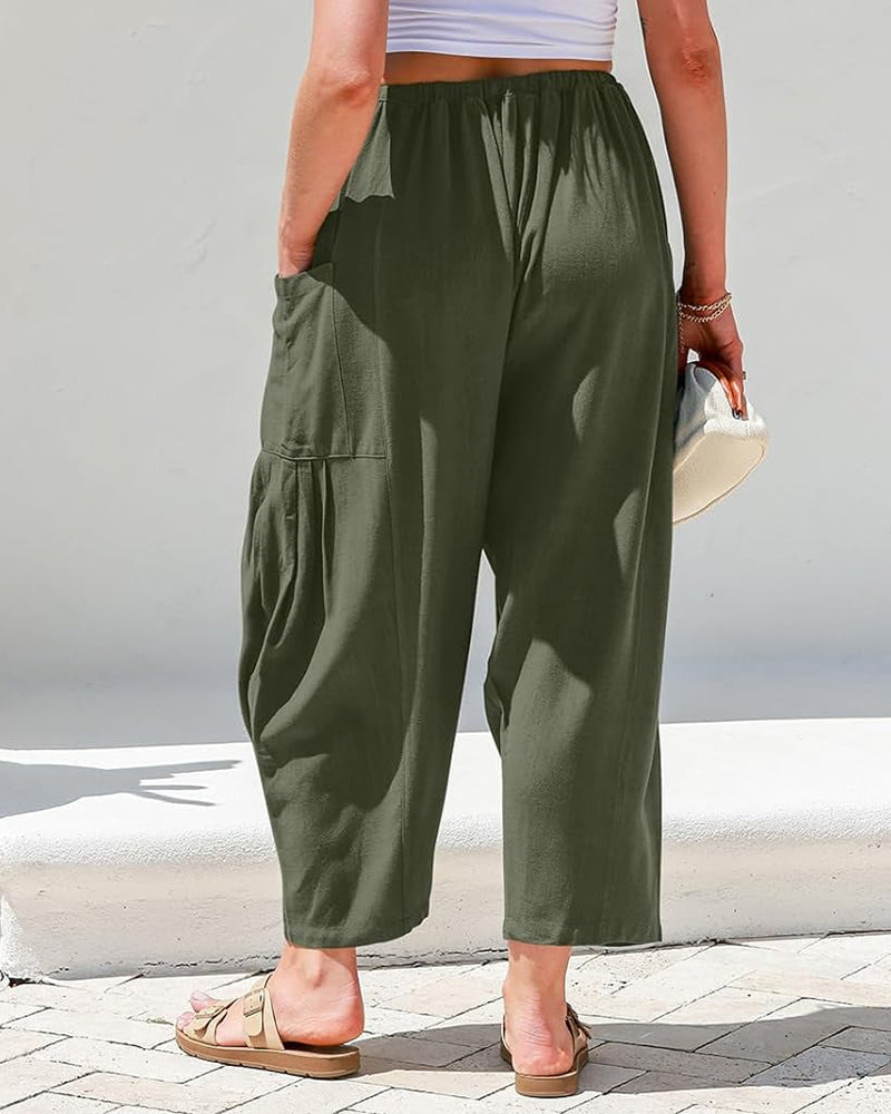 Breezy Loose Fit Linen Blend Wide-Leg Pants with Pockets for Women