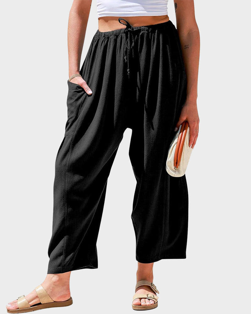 Breezy Loose Fit Linen Blend Wide-Leg Pants with Pockets for Women