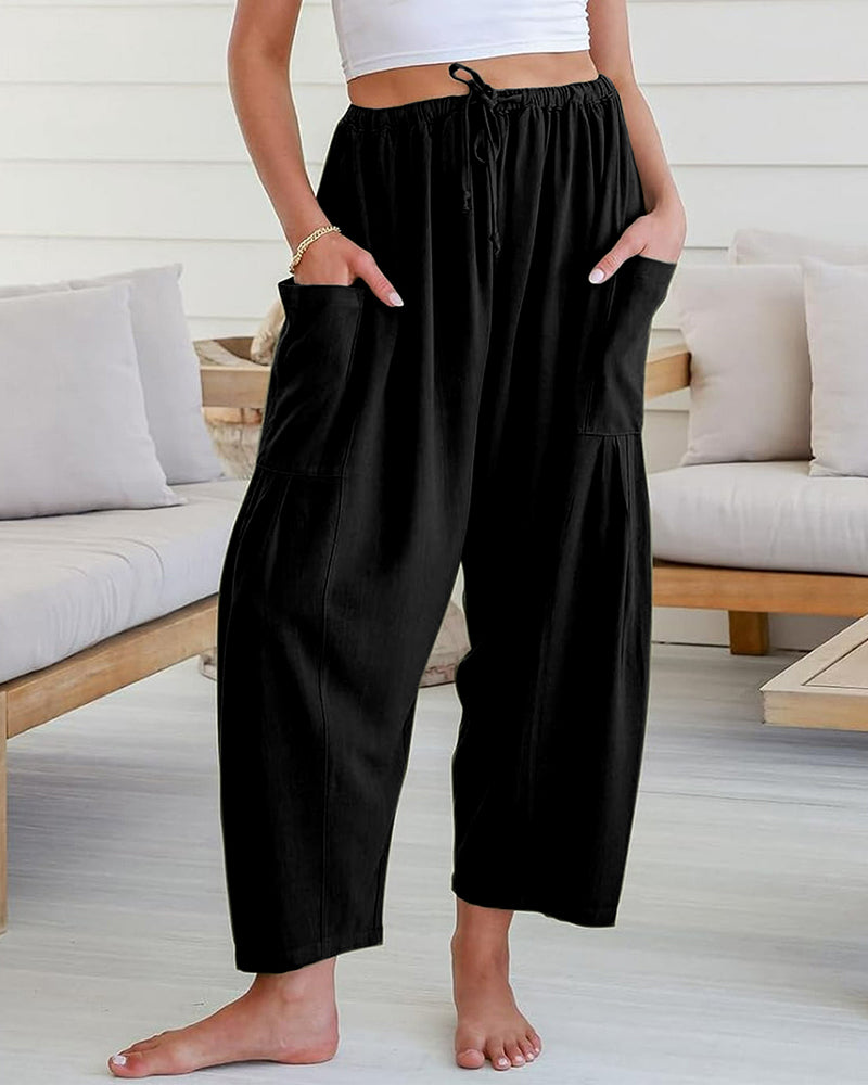 Breezy Loose Fit Linen Blend Wide-Leg Pants with Pockets for Women