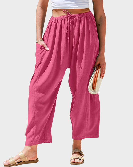 Breezy Loose Fit Linen Blend Wide-Leg Pants with Pockets for Women