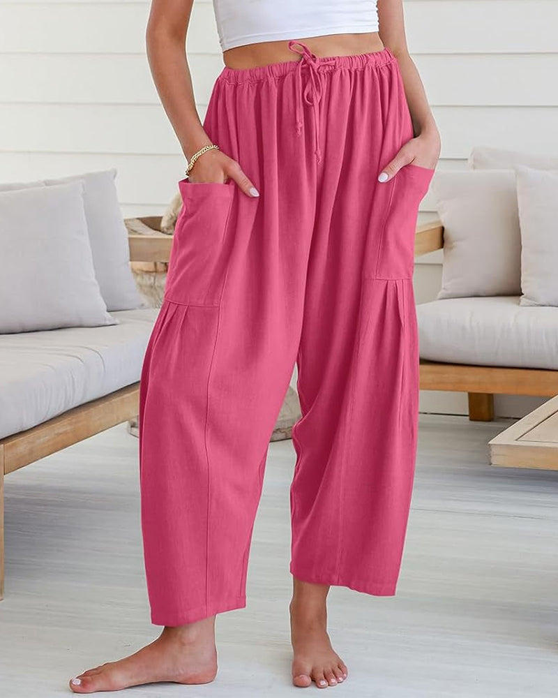 Breezy Loose Fit Linen Blend Wide-Leg Pants with Pockets for Women