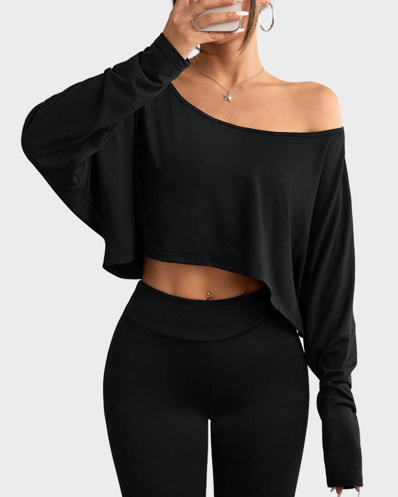 Chic Off-Shoulder Long Sleeve Asymmetrical Knit Crop Top for Women