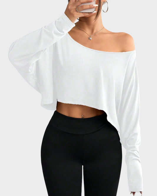 Chic Off-Shoulder Long Sleeve Asymmetrical Knit Crop Top for Women