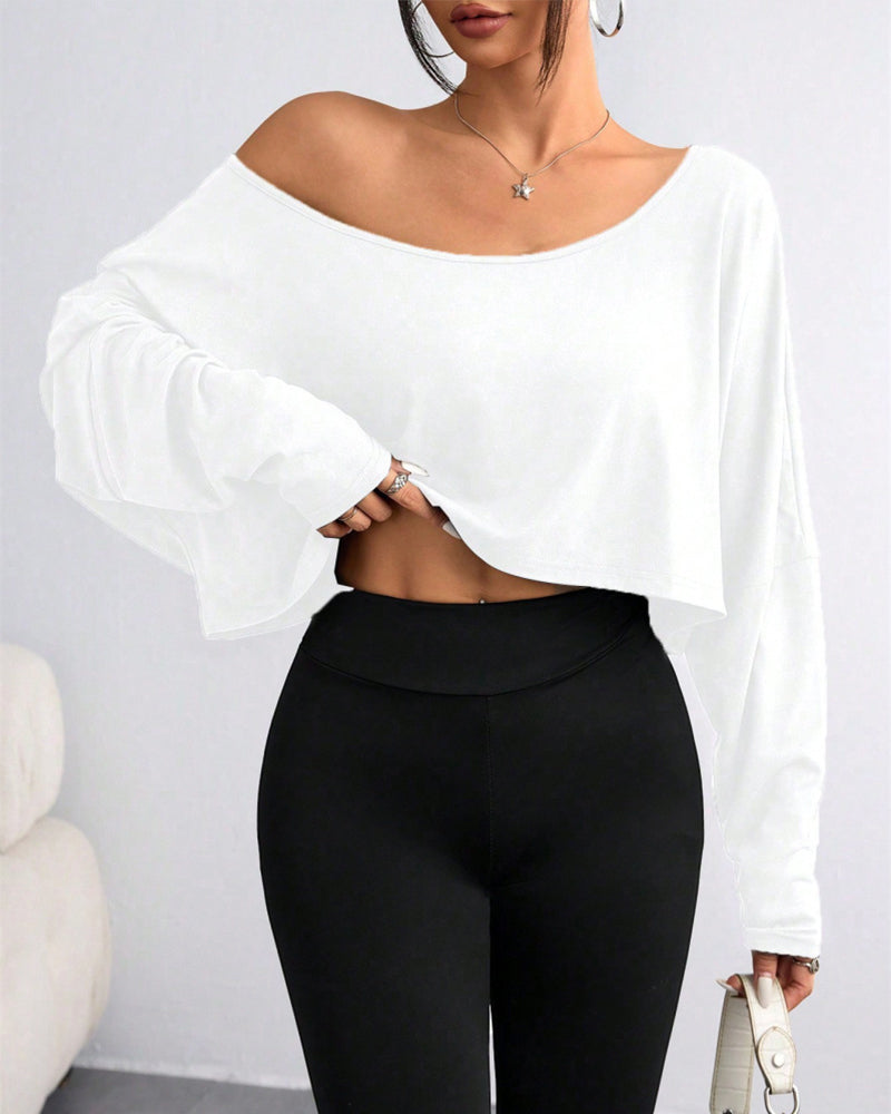 Chic Off-Shoulder Long Sleeve Asymmetrical Knit Crop Top for Women