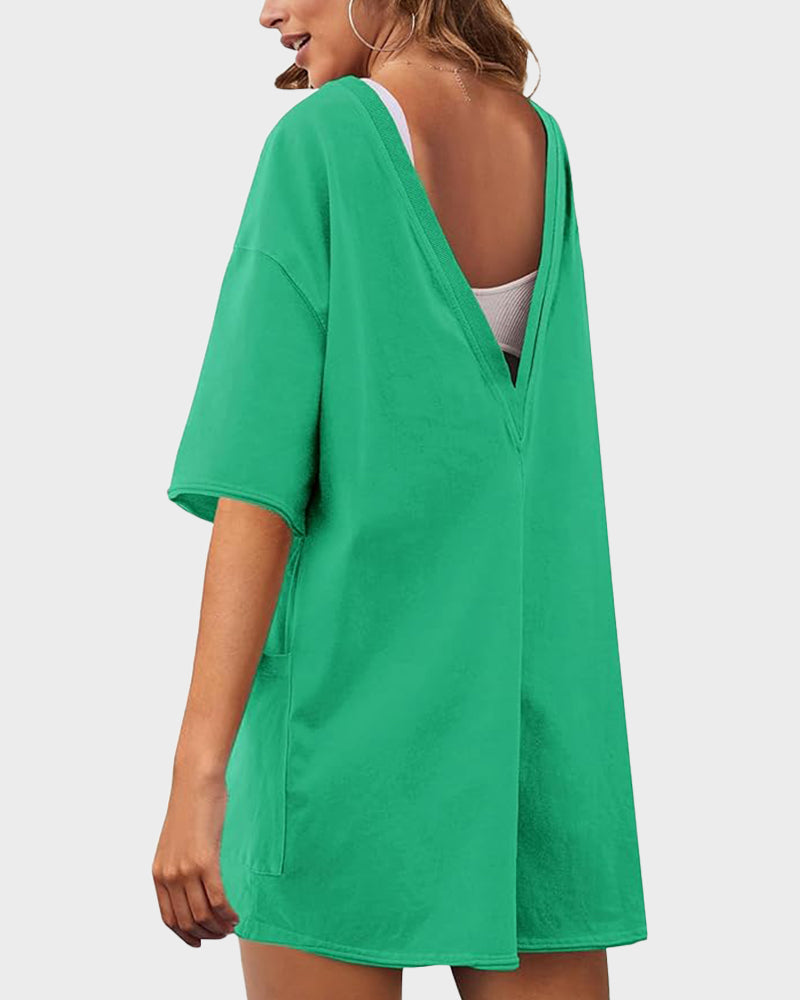 Effortless Summer V-Back Romper with Pockets: Comfy, Chic One-Piece for Women