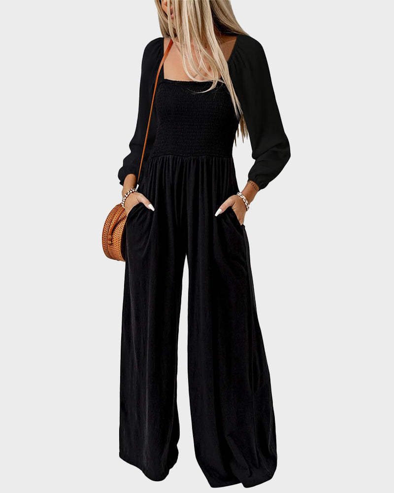 Versatile Square Neck Wide-Leg Jumpsuit with Smocked Waist and Pockets