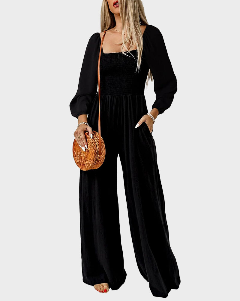 Versatile Square Neck Wide-Leg Jumpsuit with Smocked Waist and Pockets